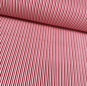 Red burgundy and white thin stripe cotton canvas fabric for upholstery curtain soft furnishing.