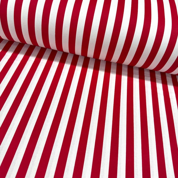 Bright red and white striped 100% cotton poplin fabric with a modern stripe pattern, ideal for quilting, dressmaking, patchwork, crafts and home décor.