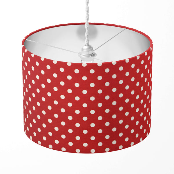 Red lampshade with white polka dots on a white background.