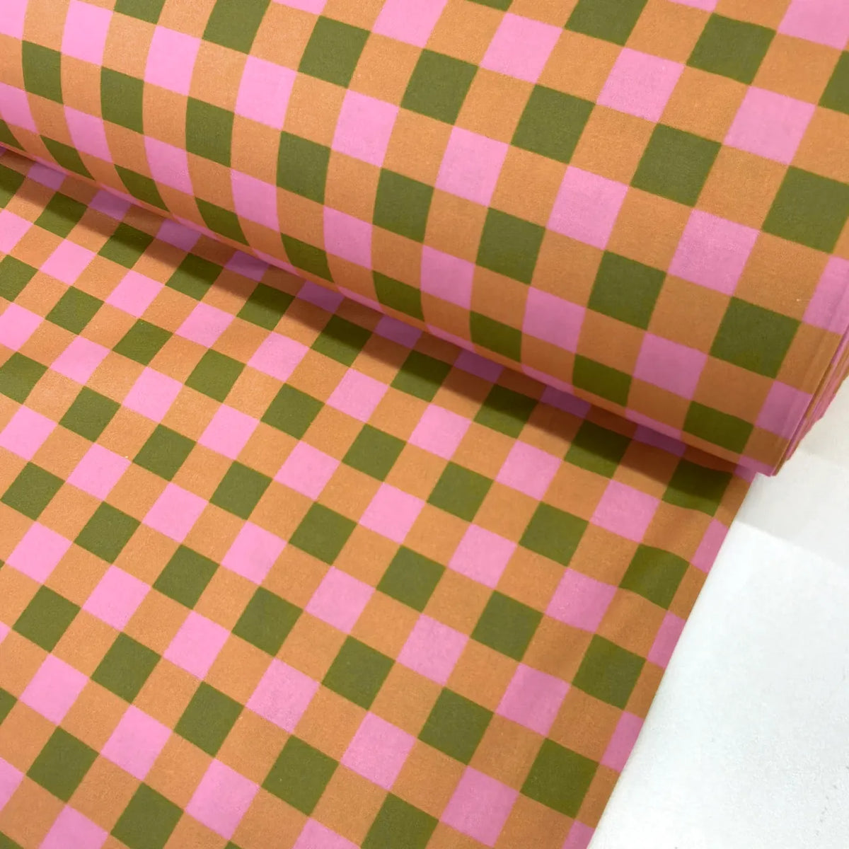 Retro pink and olive gingham check 100% cotton fabric for quilting, dressmaking and craft projects.