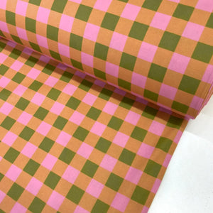 Retro pink and olive gingham check 100% cotton fabric for quilting, dressmaking and craft projects.