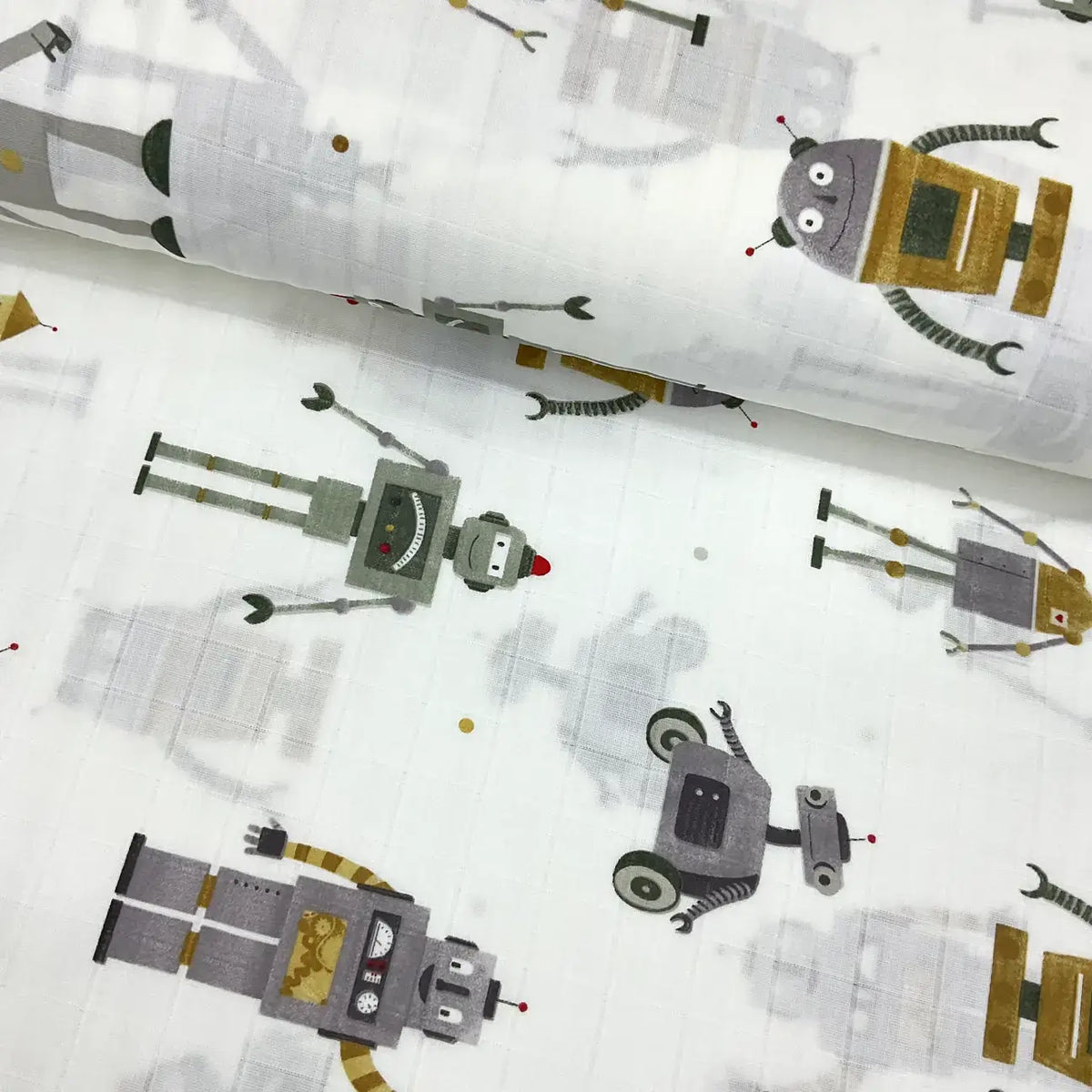 Robots Patterned Double Gauze Fabric, Baby Boy Cotton Muslin Fabric