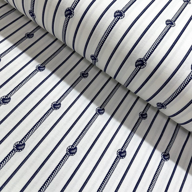 Nautical stripe fabric featuring navy blue stripes with white accents and rope patterns on a cotton-polyester blend.