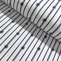 Nautical stripe fabric featuring navy blue stripes with white accents and rope patterns on a cotton-polyester blend.