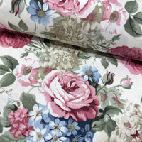Rose Upholstery Fabric, Pink Blue Floral Shabby Chic Large Print Fabric