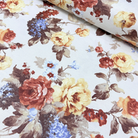 Vintage Floral Fabric, Yellow Red Rose Flower Upholstery Curtain Fabric