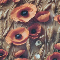 Wildflower orange poppies and gold wheats patterned cotton canvas upholstery fabric.