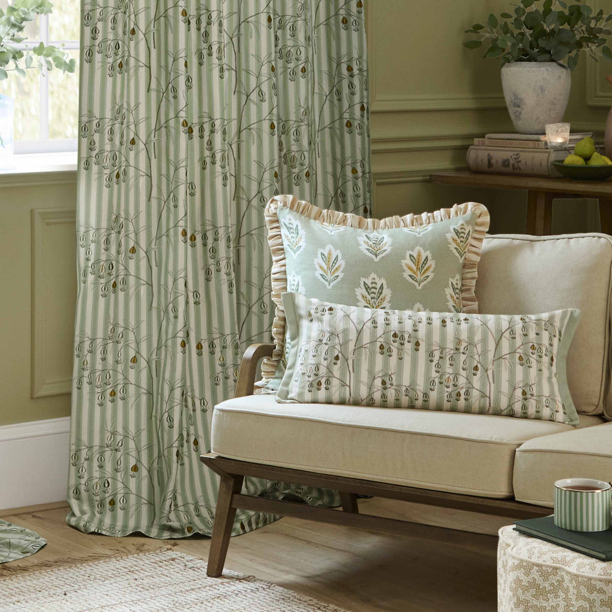 Sanderson Chinese Lanterns Embroidered Sage Green Cream Stripe Curtain