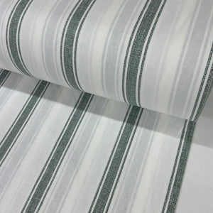 Sage green and white ticking stripe 100% cotton fabric with a subtle linen-look print, ideal for dressmaking, quilting, patchwork and rustic home décor projects.