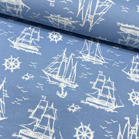 White boat, blue ocean, yacht, wheel and anchor printed coastal fabric for upholstery, curtain, soft furnishing and home decor. 