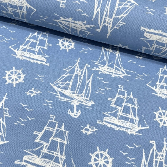 White boat, blue ocean, yacht, wheel and anchor printed coastal fabric for upholstery, curtain, soft furnishing and home decor. 