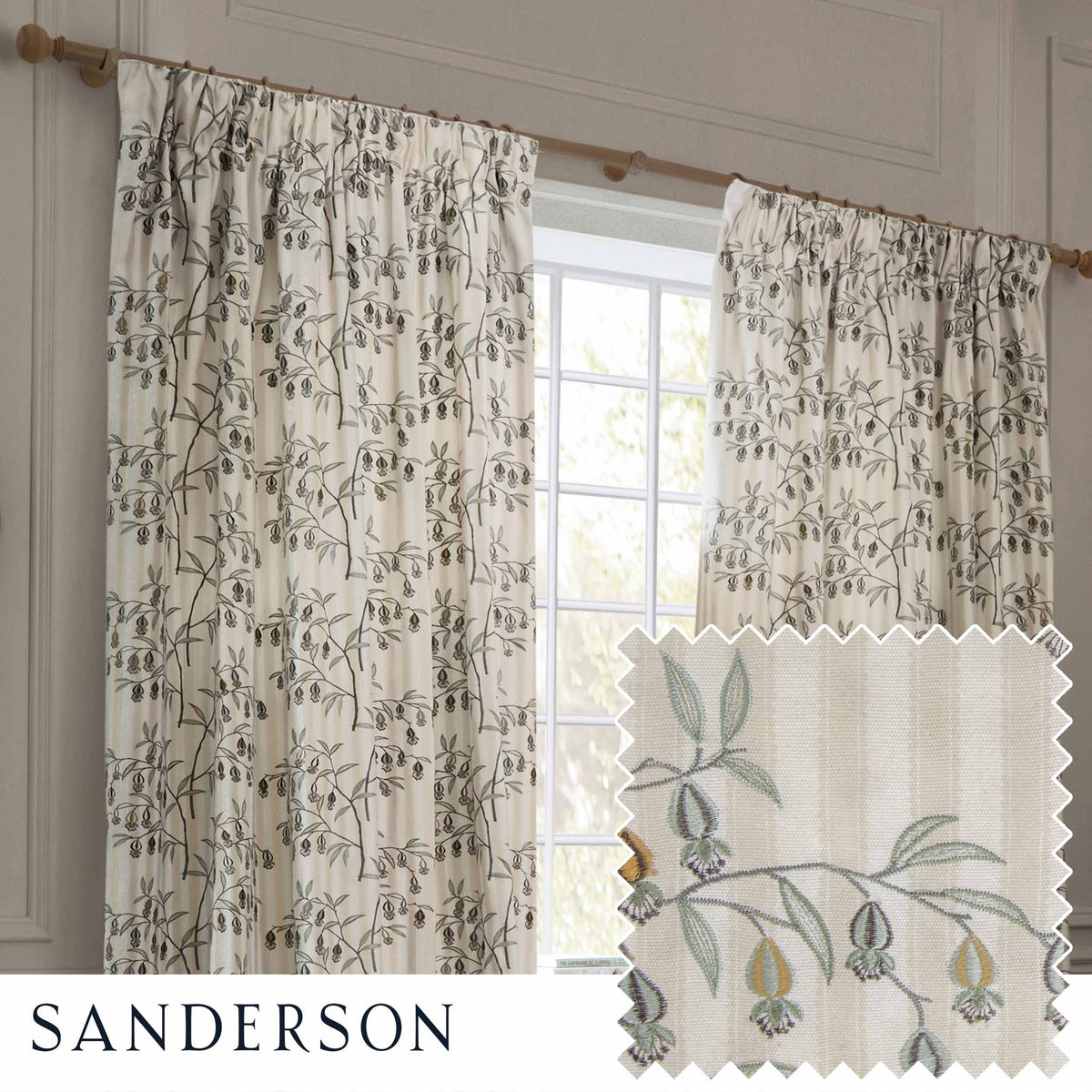 Sanderson Chinese Lanterns Embroidered Pencil Pleat Cream Curtains Linen