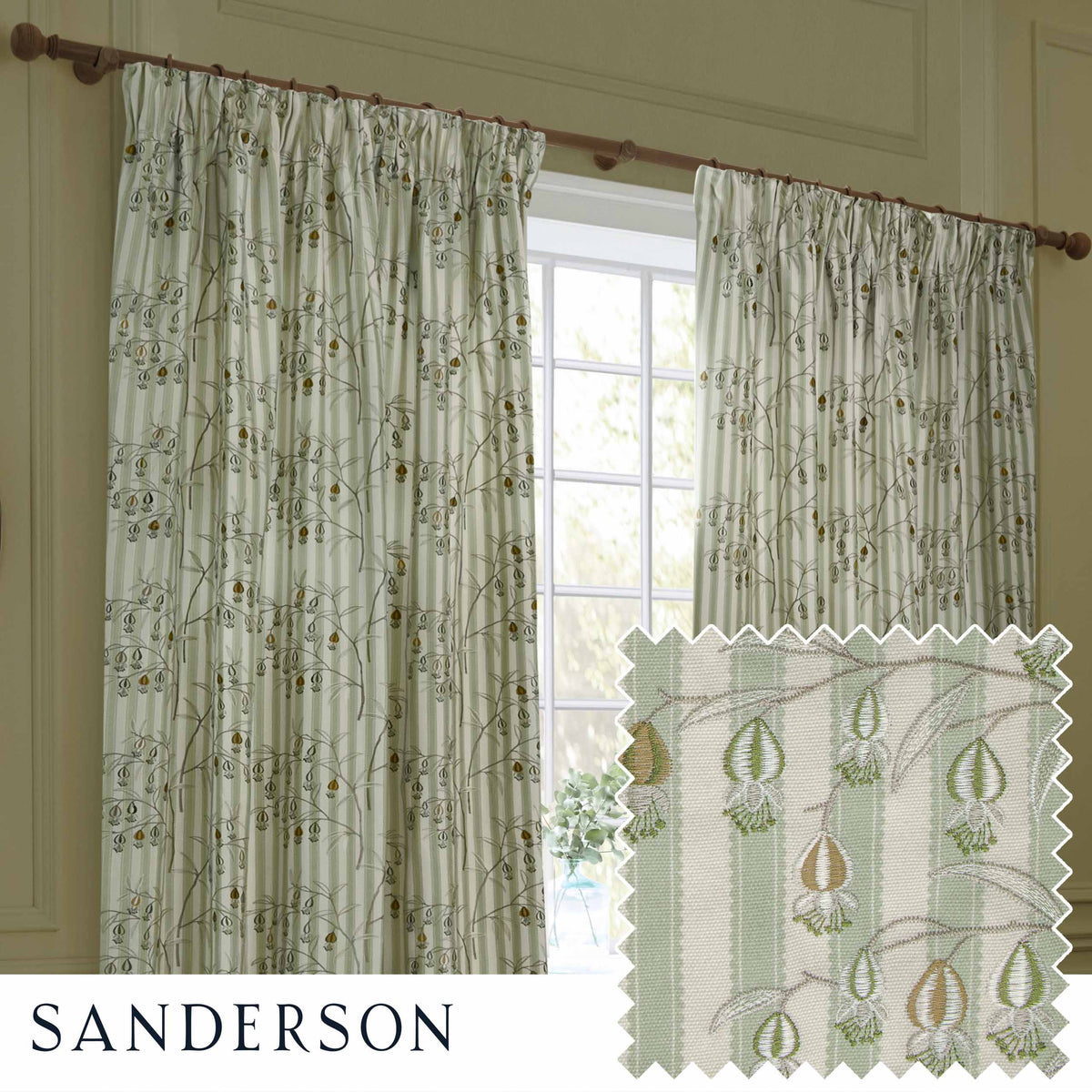Sanderson Chinese Lanterns Embroidered Sage Green Cream Stripe Curtain