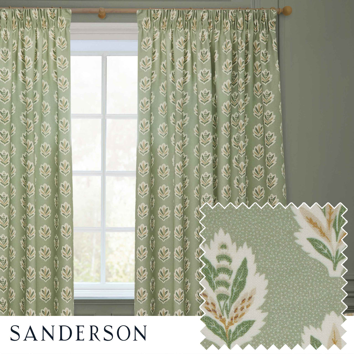 Sanderson Sessile Leaf Pattern Pencil Pleat Sage Green Curtains Ready Made