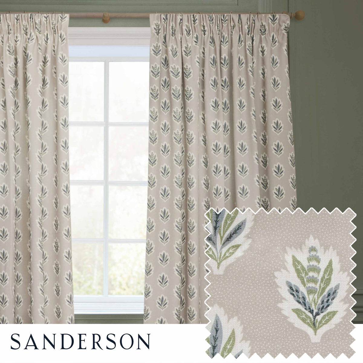Sanderson Sessile Leaf Print Ready Made Pencil Pleat Flax Curtains