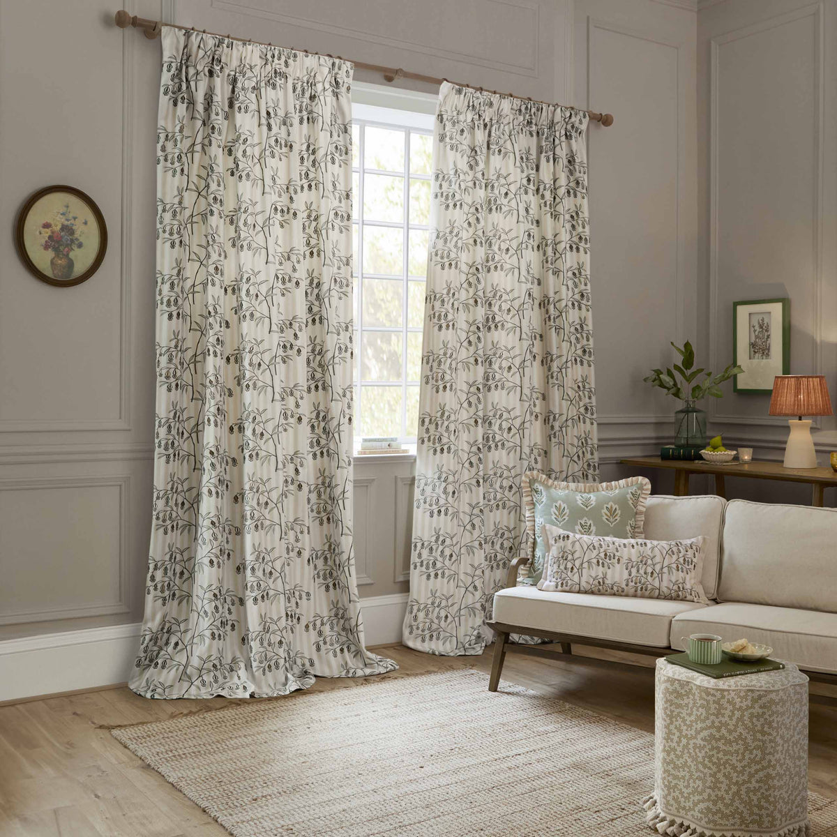 Sanderson Chinese Lanterns Embroidered Pencil Pleat Cream Curtains Linen