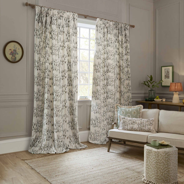 Sanderson Chinese Lanterns Embroidered Pencil Pleat Cream Curtains Linen
