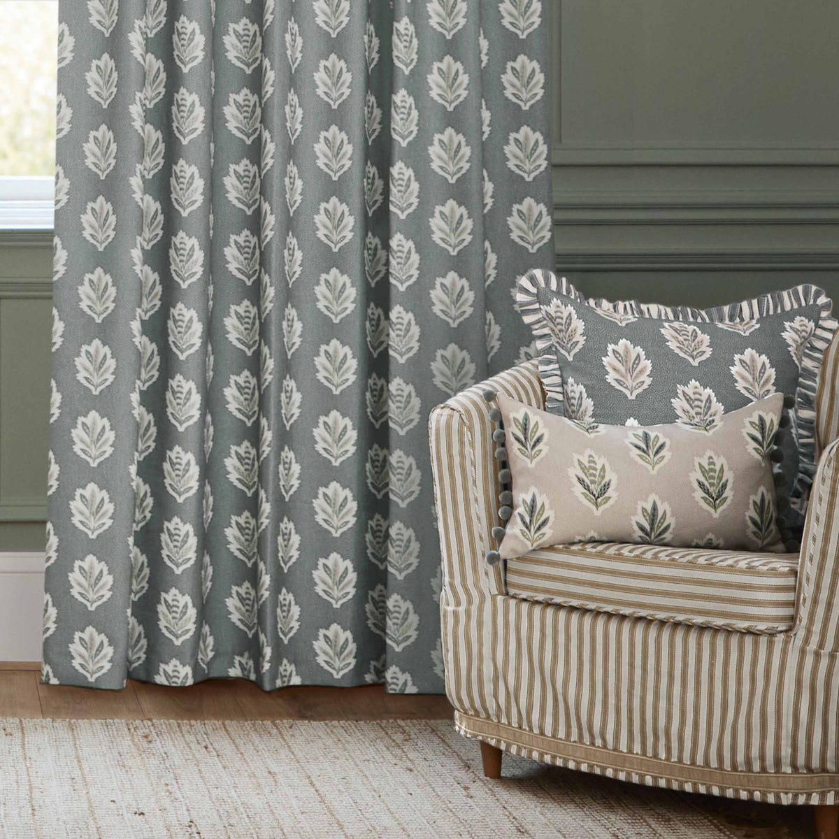 Sanderson Sessile Leaf Pattern Pencil Pleat Ready Made Curtains Delph Blue
