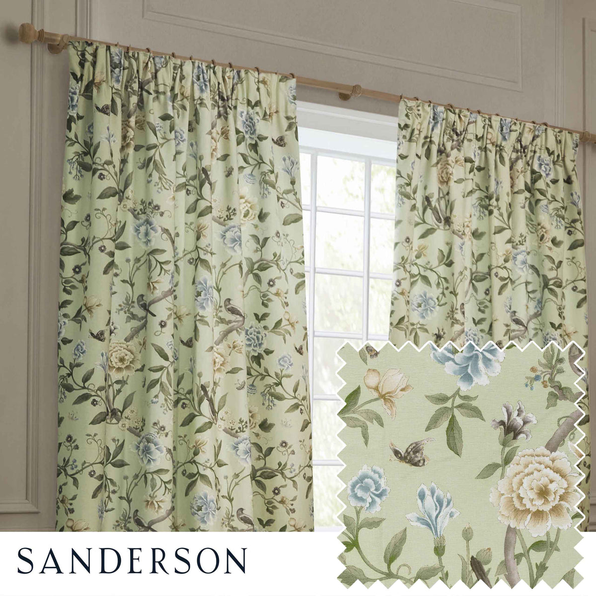 Sanderson Porcelain Garden Flower Print Sage Green Pencil Pleat Curtain