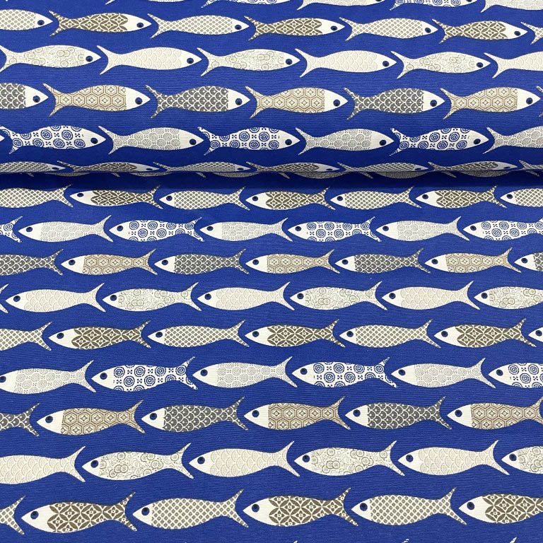 Fish Print Fabric, Nautical Ocean Royal Blue Upholstery Curtain Fabric