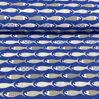 Fish Print Fabric, Nautical Ocean Royal Blue Upholstery Curtain Fabric