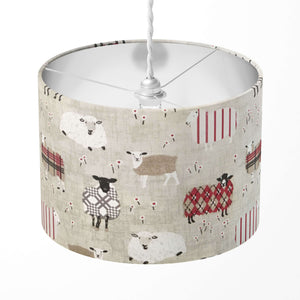 Grey lampshade with red sheep pattern suitable for table lamps, floor lamps and ceiling pendants.