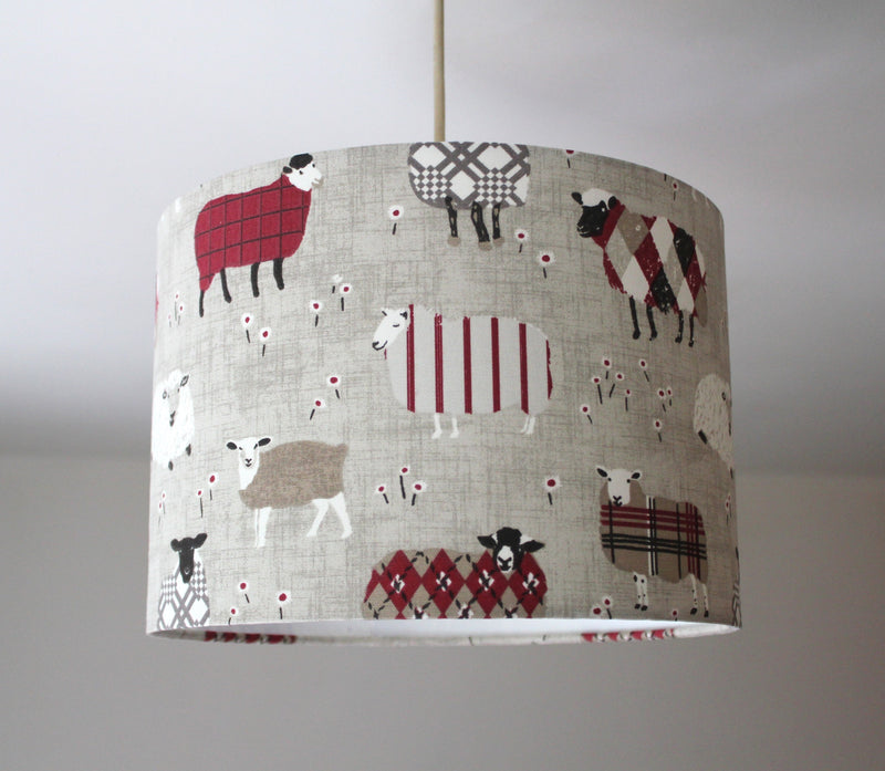 Sheep Lamp Shade, Farm Animal Lampshade, Red Grey Country Lampshade