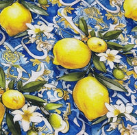 Patterned upholstery & curtain fabric with yellow lemons, flowers, and leaves on a blue background.