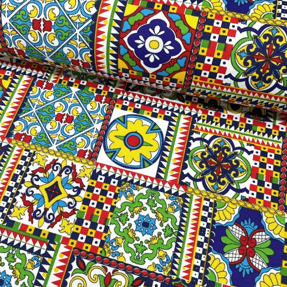 Multi-coloured sicilian tile majolica fabric for upholstery curtain soft furnishing and home decor.