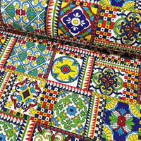Multi-coloured sicilian tile majolica fabric for upholstery curtain soft furnishing and home decor.