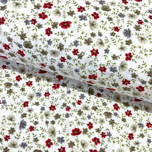 Small floral print fabric patterned with red, taupe, and sage green flowers on a white background.