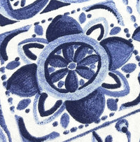 Denim blue white flower patterned cotton canvas upholstery fabric.