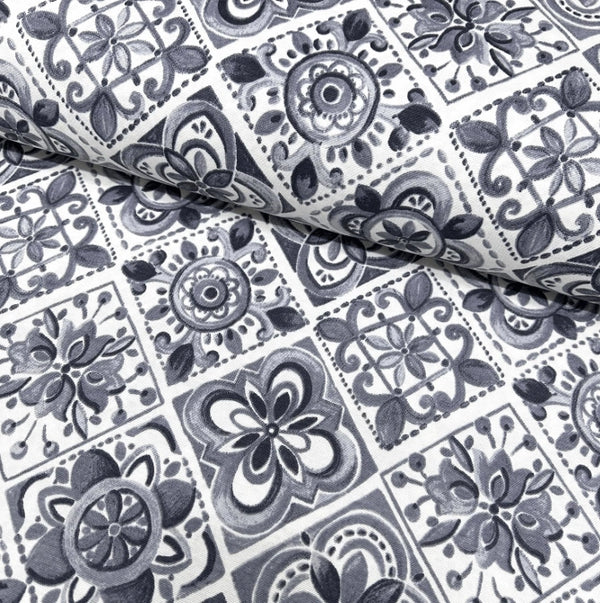 Grey and white floral spanish turkish tile fabric for upholstery curtain soft furnishing outdoor and indoor crafts.