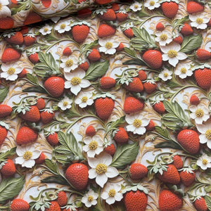 Red green white strawberry fruit and white flower pattterned cotton upholstery curtain fabric.