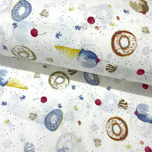 Blue ice cream and donut 100% cotton poplin fabric with cherries, sweets and colourful sprinkles on a white background.