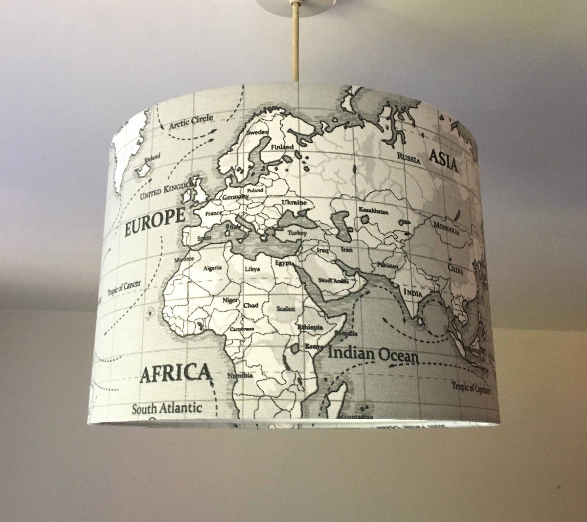 World Map Lamp Shade, Grey Drum Lampshade, Atlas Handmade Pendant Shade