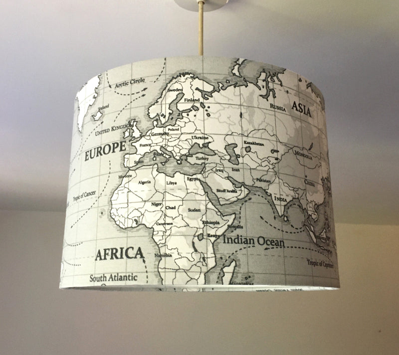 World Map Lamp Shade, Grey Drum Lampshade, Atlas Handmade Pendant Shade