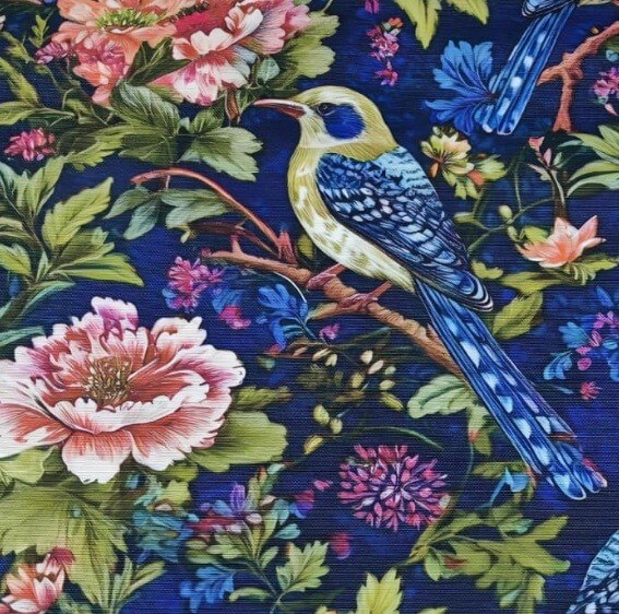 Blue green and pink tapestry floral upholstery fabric in peony flower and goldfinch bird pattern.
