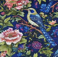 Blue green and pink tapestry floral upholstery fabric in peony flower and goldfinch bird pattern.