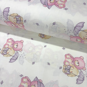 Pink teddy bear, yellow bunny and lilac umbrella print white cotton poplin fabric.