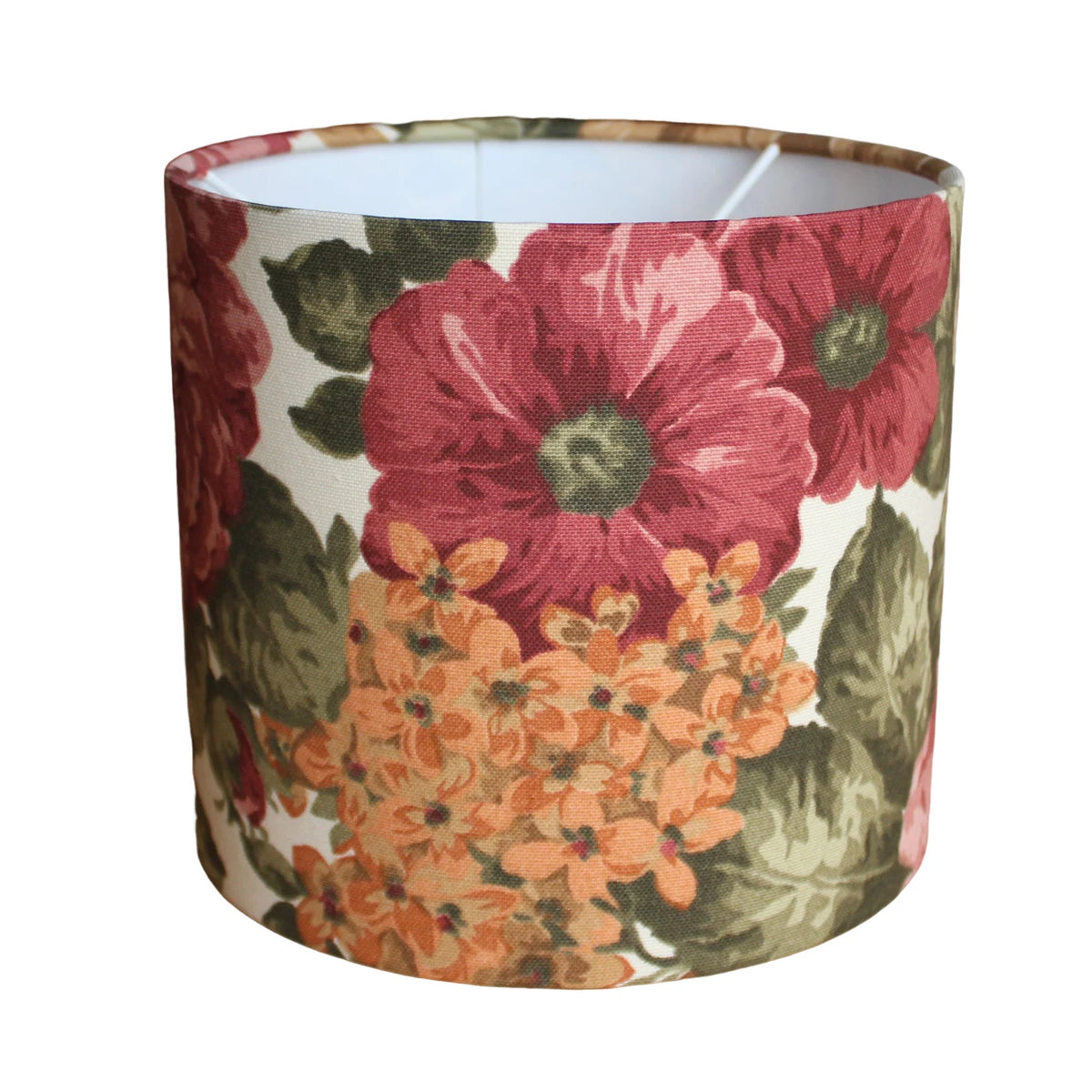 Close up of terracotta flower print lampshade.