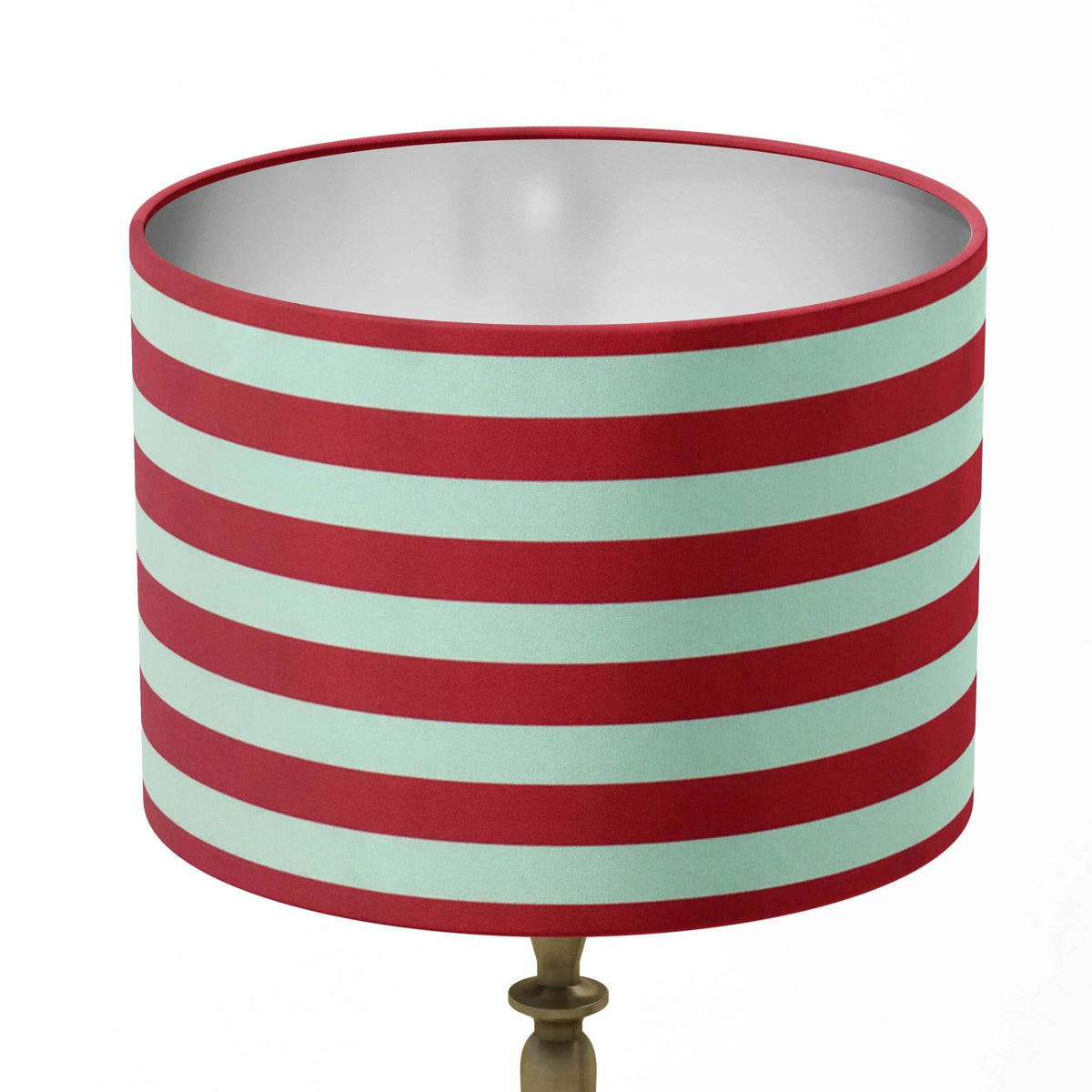 Contemporary striped lampshade with red and white horizontal stripes on a white background.