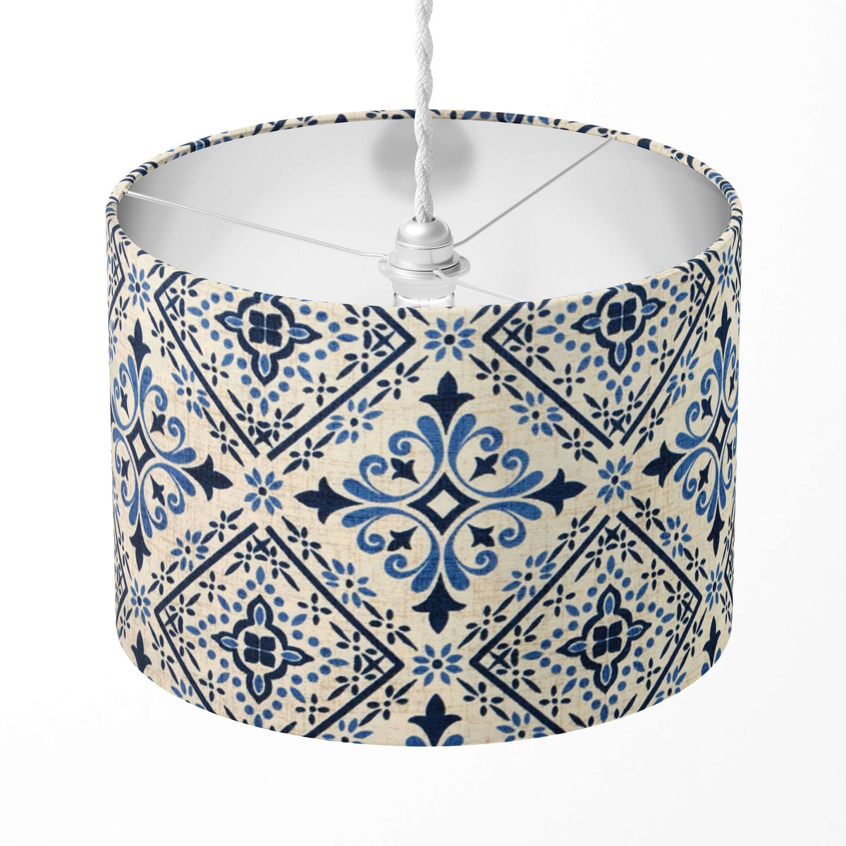 A blue and white geometric patterned ceramic lampshade designed for table lamps, ceiling pendants, or floor lamps.