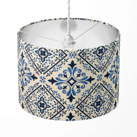 A blue and white geometric patterned ceramic lampshade designed for table lamps, ceiling pendants, or floor lamps.