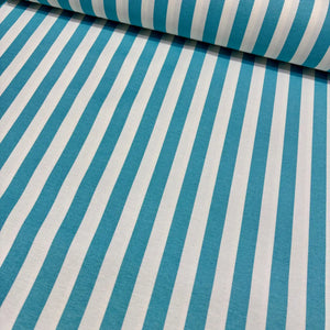 Turquoise blue and white stripe patterned cotton canvas upholstery fabric.
