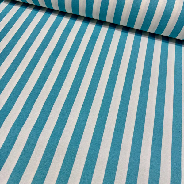 Turquoise blue and white stripe patterned cotton canvas upholstery fabric.