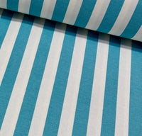Striped fabric with blue and white vertical stripes.