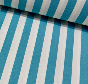Striped fabric with blue and white vertical stripes.