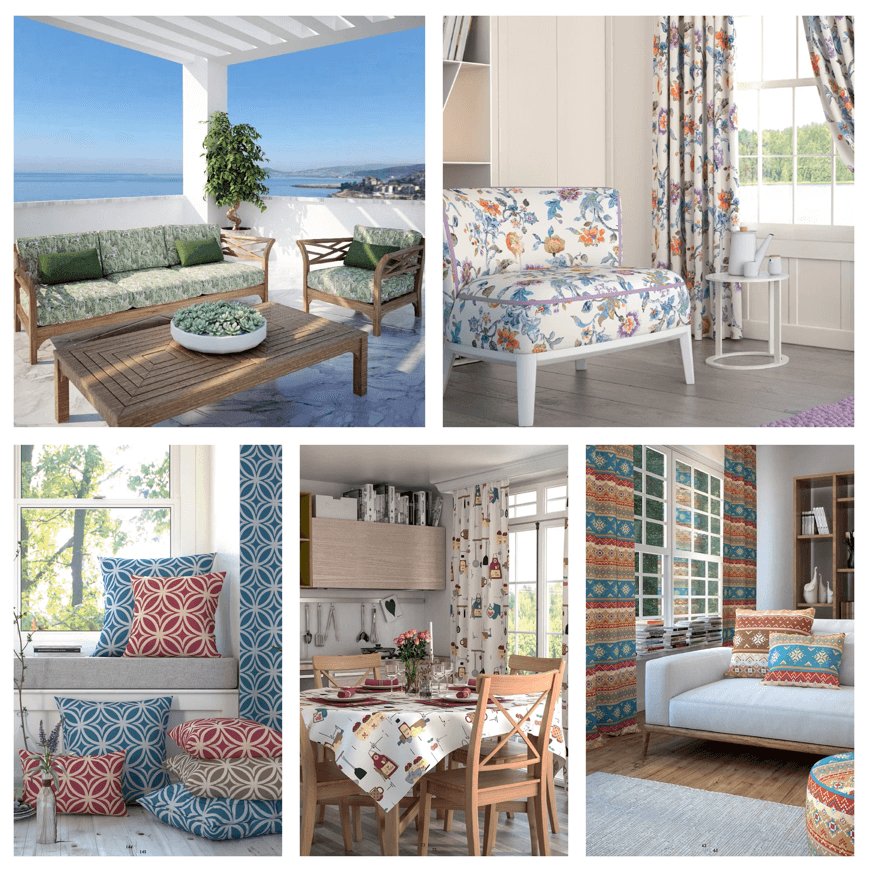 Collage of various living room and outdoor furniture with decorative elements.