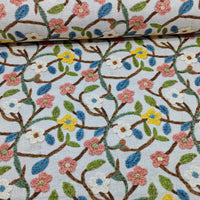 Vine flower upholstery curtain fabric featuring blush pink, blue, yellow, white flowers and green leaves.